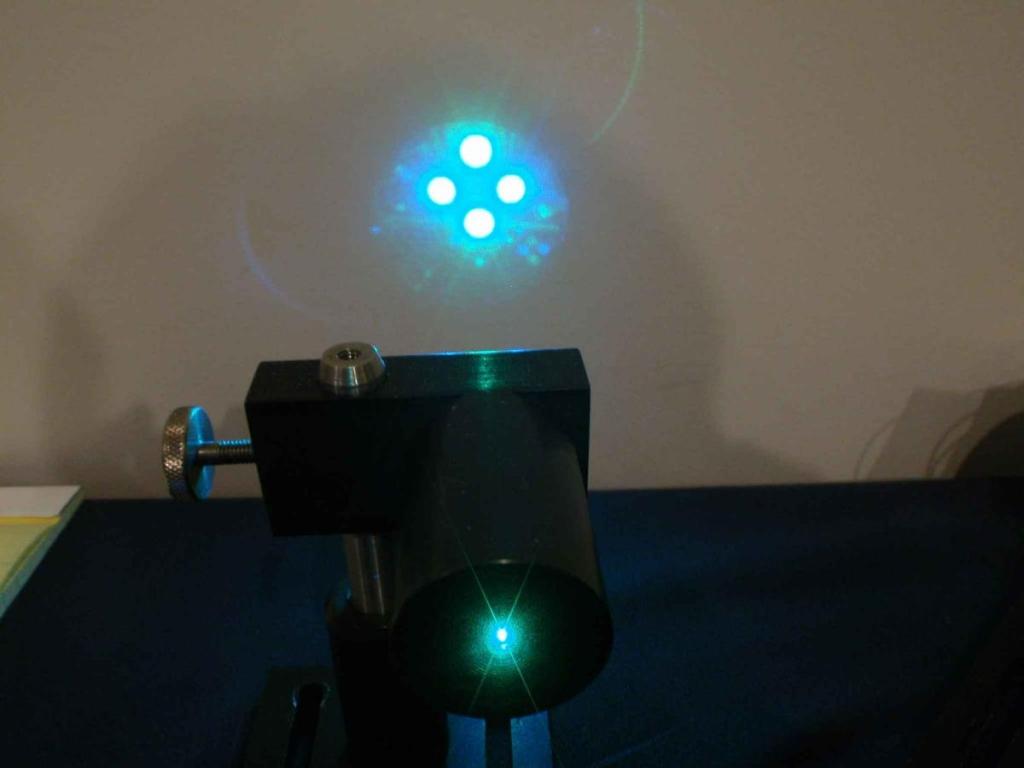 LDV laser beams projected on a wall using a microscope objective